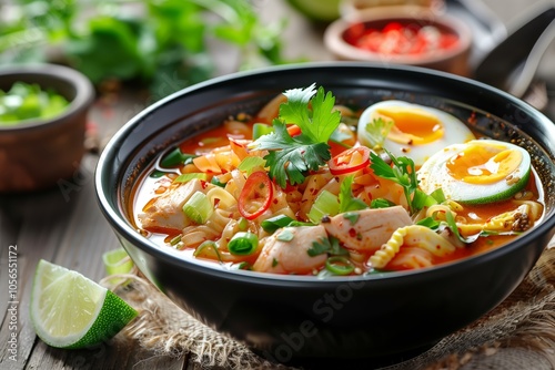 A bowl of Sumpia, an enchanting and creamy ramen-like soup with chicken, quail eggs, coriander leaves, lime, kimchi and other ingredients in a black ceramic bowl on a wooden table