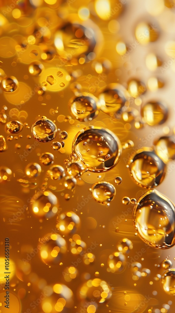 A close-up of the surface of beer, with clear and dense bubbles floating on top, creating an orange yellow color tone A close-up of the surface of beer, with clear and dense bubbles floating on top, creating an orange yellow color tone