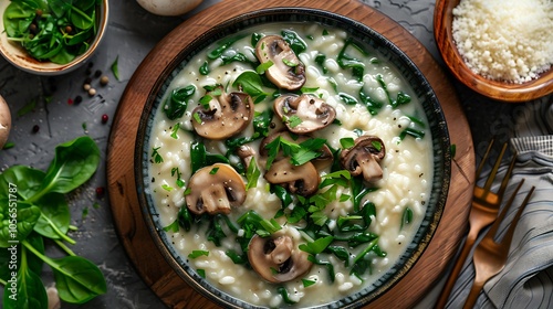 A creamy mushroom and spinach breakfast risotto