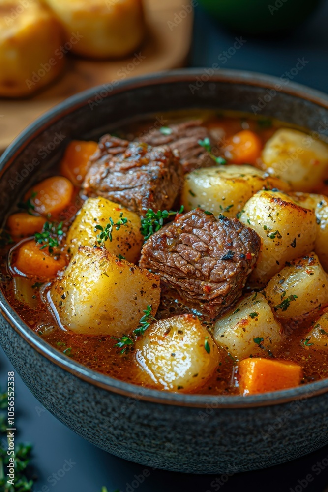 Close-Up of Beef Stew with Potatoes and Carrots in a Bowl Close-Up of Beef Stew with Potatoes and Carrots in a Bowl