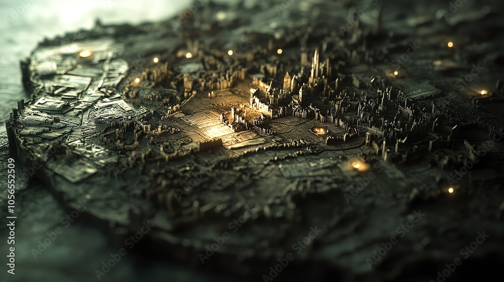 The map has a three-dimensional look, with some areas appearing more elevated due to the concentration of lights and documents. The map has a three-dimensional look, with some areas appearing more elevated due to the concentration of lights and documents.