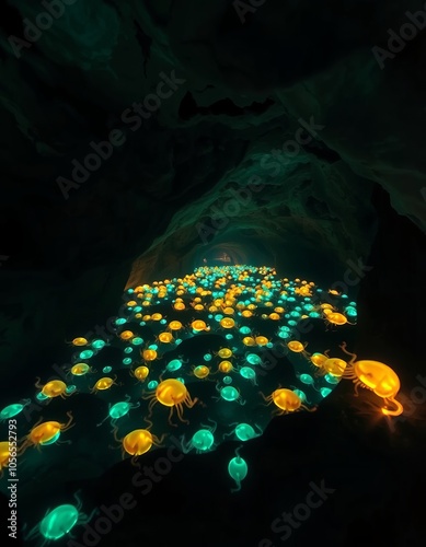 A cave filled with bioluminescent creatures that light up in syn photo