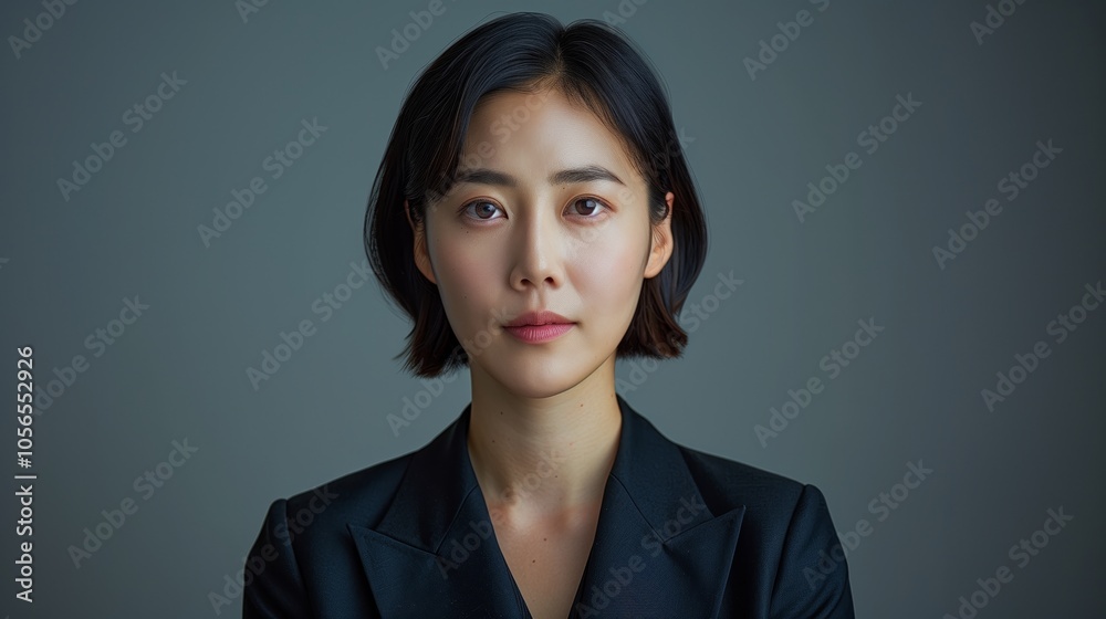 Portrait photography of a short-haired female lawyer in her thirties with Korean features wearing a black suit Portrait photography of a short-haired female lawyer in her thirties with Korean features wearing a black suit