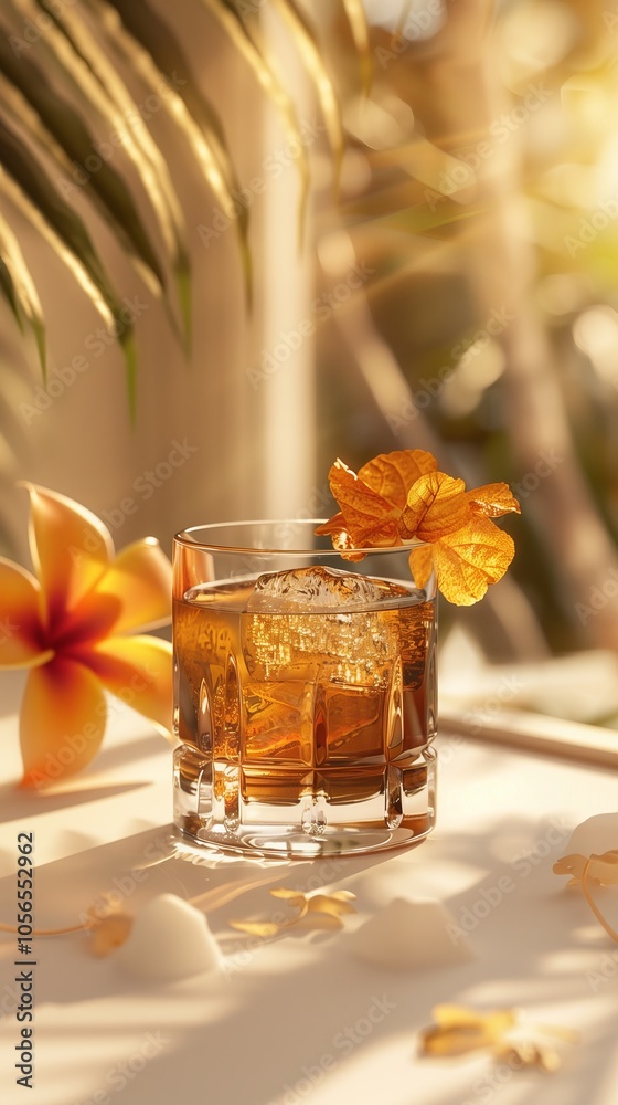 Product photography of an old fashioned cocktail, sitting on a white table with the sun shining from the right hand side casting shadows onto it, with an orange paper garnish in the glass Product photography of an old fashioned cocktail, sitting on a white table with the sun shining from the right hand side casting shadows onto it, with an orange paper garnish in the glass