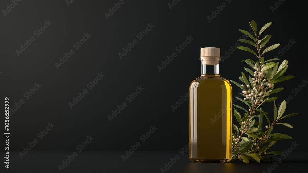 Jojoba essential oil bottle with fresh seeds, deep black background, organic skincare elegance, luxurious detail, 3D illustration Jojoba essential oil bottle with fresh seeds, deep black background, organic skincare elegance, luxurious detail, 3D illustration