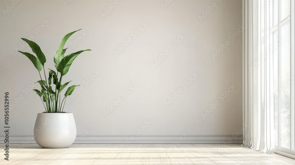 empty room interior background, beige wall, pot with plant empty room interior background, beige wall, pot with plant