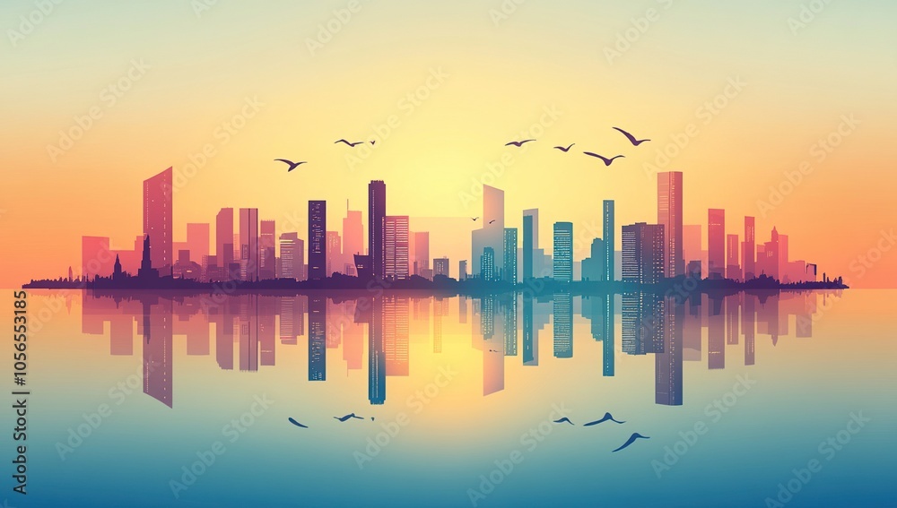 A vibrant cityscape skyline at sunrise, with birds flying over the city. The city is reflected in the water below. A vibrant cityscape skyline at sunrise, with birds flying over the city. The city is reflected in the water below.