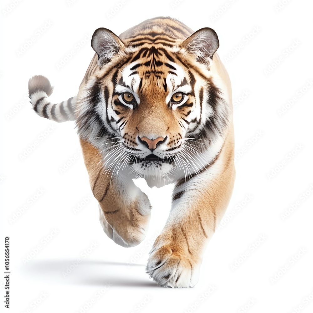 Obraz premium A majestic tiger sprinting forward, showcasing its powerful build and striking fur pattern against a clean, isolated on white background.