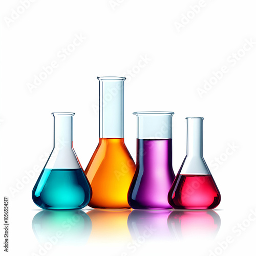 Colorful laboratory glassware with liquids, white isolate background.