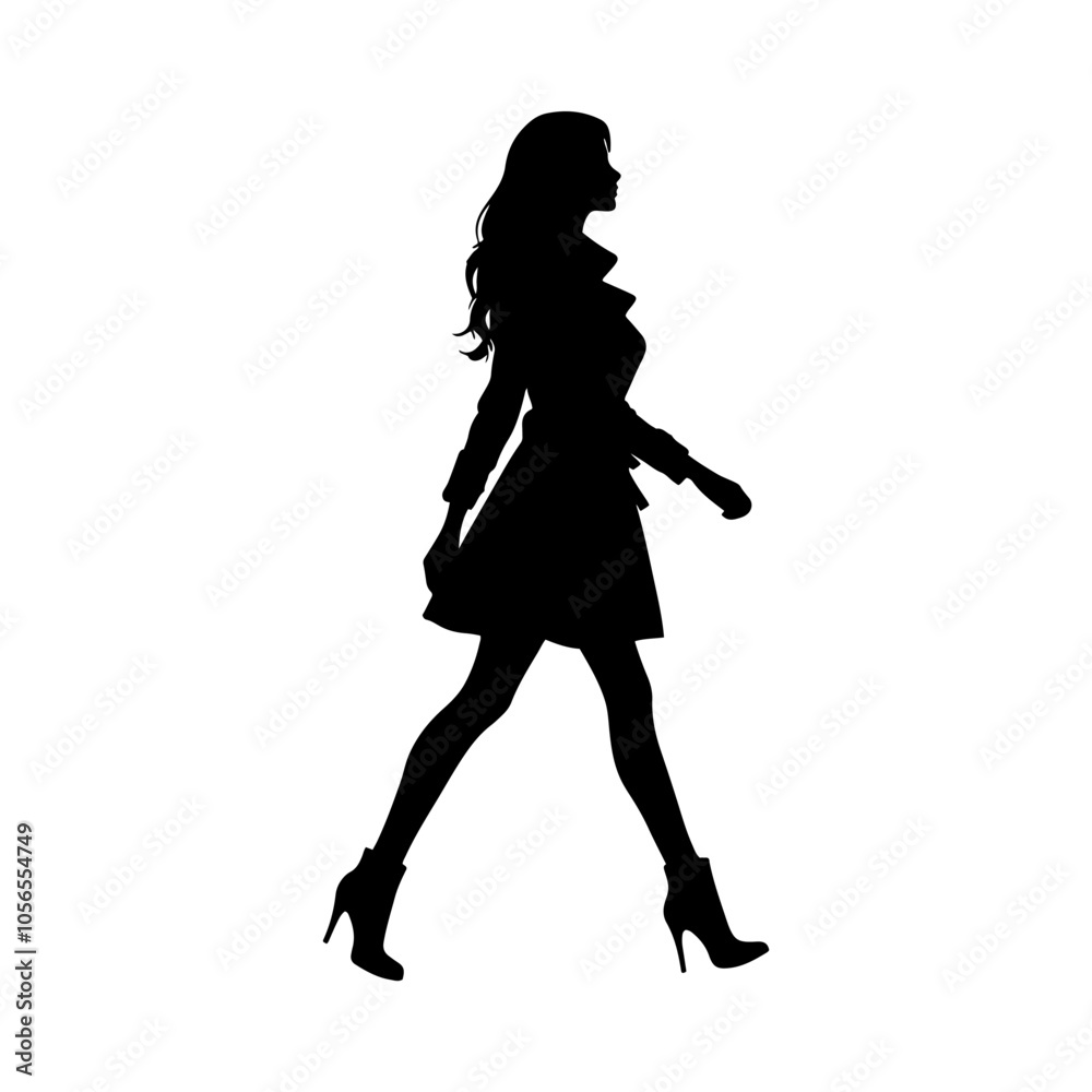 Vector illustration. Silhouette of a girl on a white background. On heels goes sideways. Vector illustration. Silhouette of a girl on a white background. On heels goes sideways.