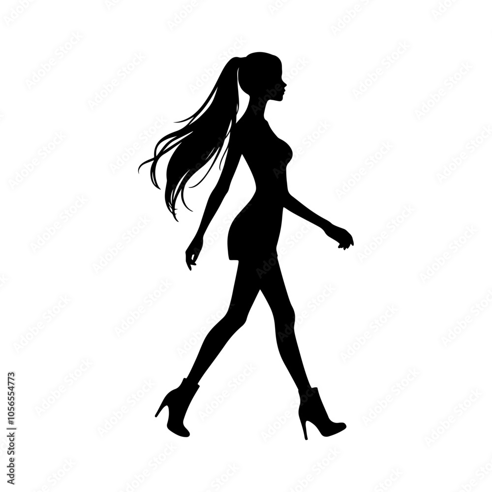 Vector illustration. Silhouette of a girl on a white background. On heels goes sideways. Vector illustration. Silhouette of a girl on a white background. On heels goes sideways.