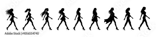 Vector illustration. Silhouette of a girl on a white background. On heels goes sideways.