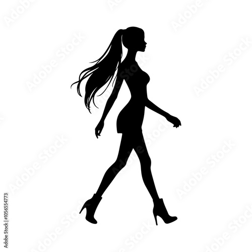 Vector illustration. Silhouette of a girl on a white background. On heels goes sideways.