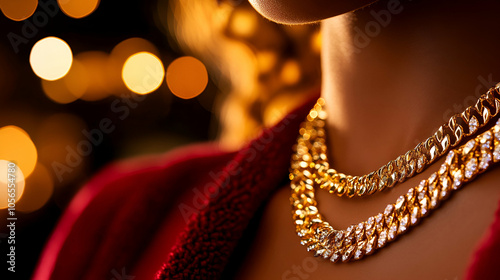 Elegant gold chains accentuate a stylish look against a vibrant background. photo