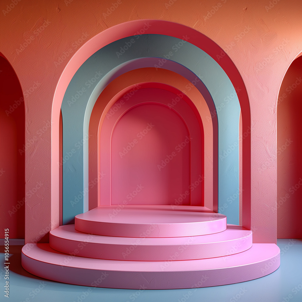 The podium is pastel with a white glowing circle and a pastel background. Abstract background with podium pedestal or platform for product presentation or demonstration. The podium is pastel with a white glowing circle and a pastel background. Abstract background with podium pedestal or platform for product presentation or demonstration.