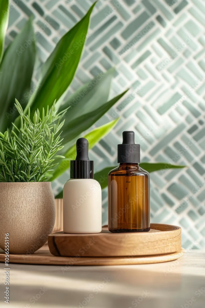 Stylish display of skincare bottles and a decorative plant Stylish display of skincare bottles and a decorative plant