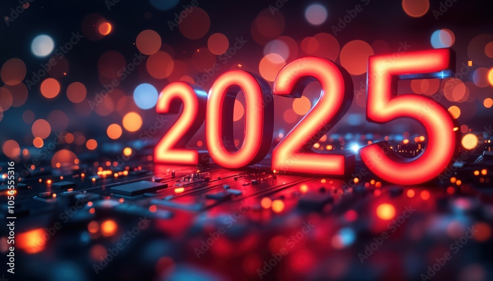 3D Glowing Red Numbers 2025 on Futuristic Digital Circuit Board Background 3D Glowing Red Numbers 2025 on Futuristic Digital Circuit Board Background