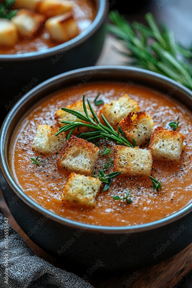 A bowl of creamy soup topped with croutons and rosemary sprigs. A bowl of creamy soup topped with croutons and rosemary sprigs.
