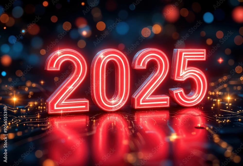 3D Glowing Red Numbers 2025 on Futuristic Digital Circuit Board Background 3D Glowing Red Numbers 2025 on Futuristic Digital Circuit Board Background