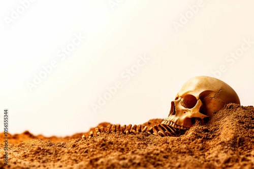 Human skull partially buried in sand, isolated on a white background.
