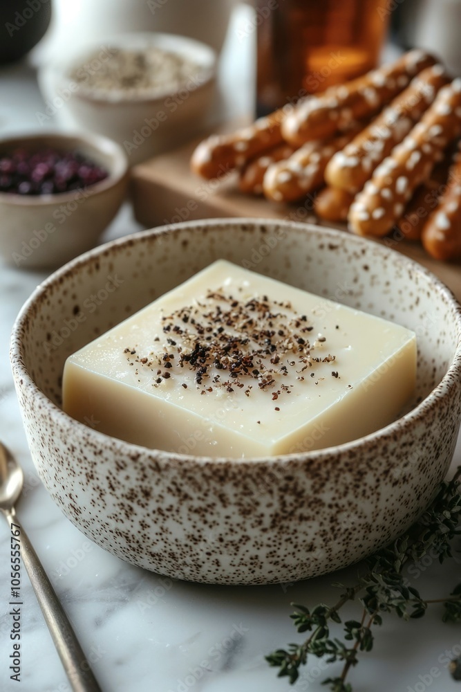 White Square of Tofu Topped with Black Peppercorns in a Speckled Bowl White Square of Tofu Topped with Black Peppercorns in a Speckled Bowl
