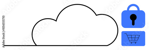 Large cloud outline with blue lock and shopping cart icons. Ideal for cloud storage, cybersecurity, online shopping, web services, and digital security themes. Minimalist vector style