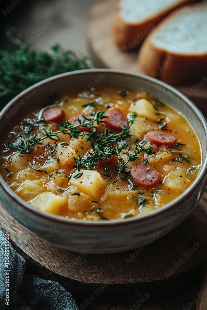 A bowl of hearty sausage and potato soup with fresh thyme garnish. A bowl of hearty sausage and potato soup with fresh thyme garnish.