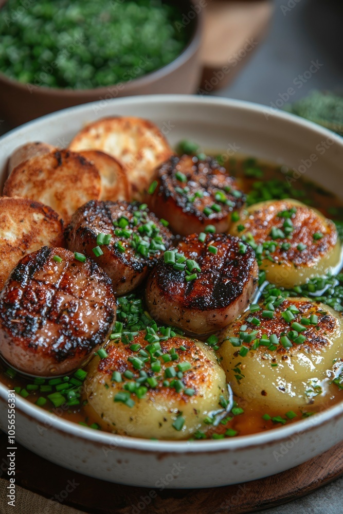Broiled Scallops with Toasted Bread and Green Onions in a White Bowl Broiled Scallops with Toasted Bread and Green Onions in a White Bowl