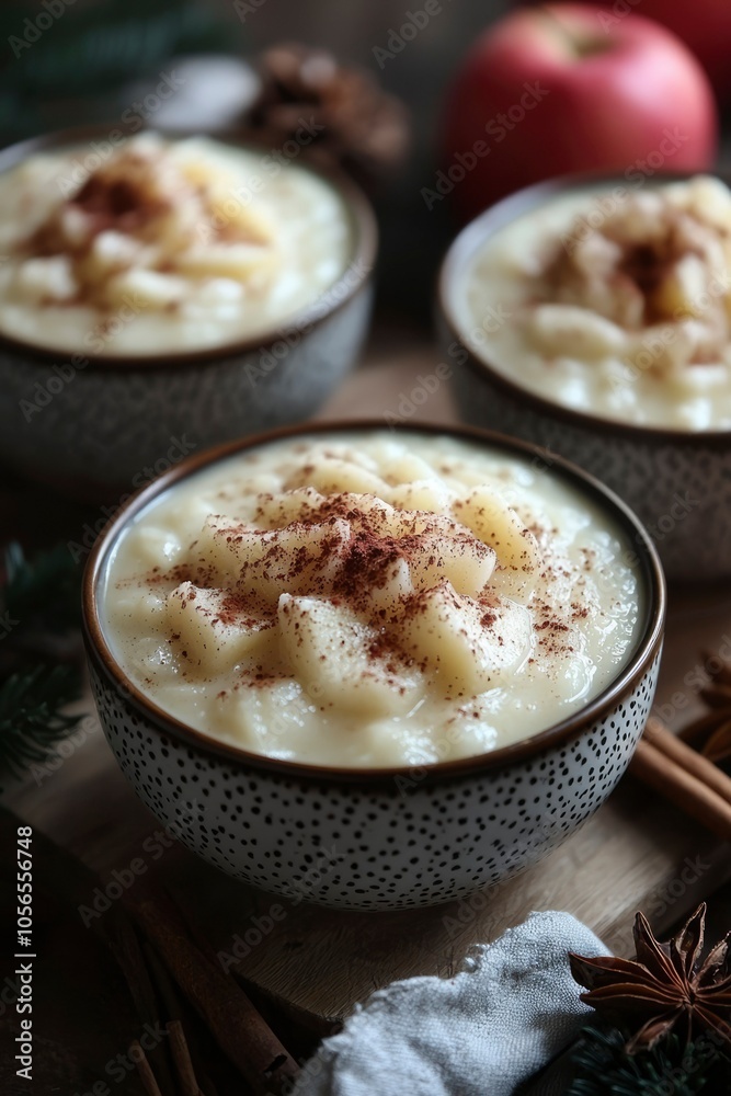 Creamy Apple Dessert with Cinnamon in a Spotted Bowl Creamy Apple Dessert with Cinnamon in a Spotted Bowl