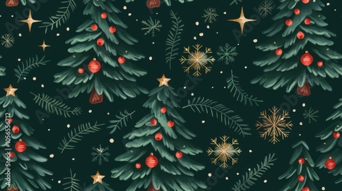 A seamless pattern featuring Christmas trees, ideal for holiday backgrounds and festive designs.

