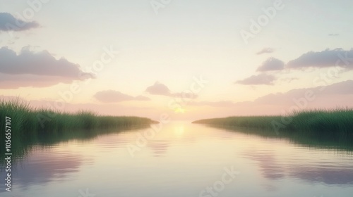 Calm Sunset Over a Grassy Estuary