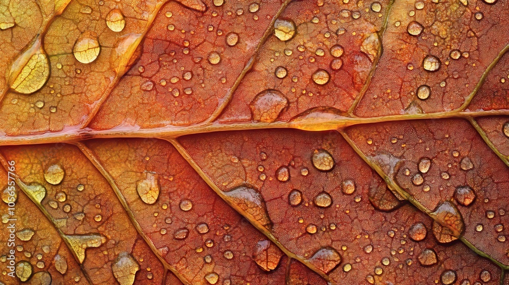 Fototapeta premium Close-up of an autumn leaf with water droplets highlighting its natural texture.