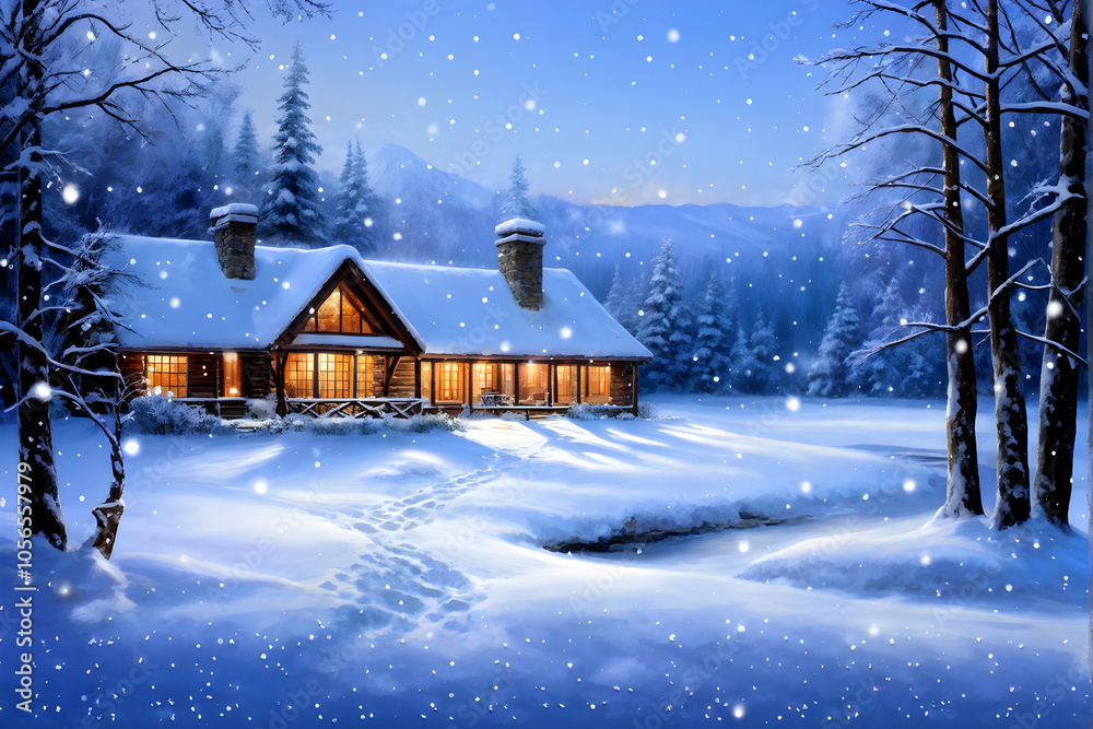 Illustration of the house scenery that feels warm on a snowy cold winter Christmas, christmas house in the forest, christmas tree with gifts and decorations, christmas window in the snow Illustration of the house scenery that feels warm on a snowy cold winter Christmas, christmas house in the forest, christmas tree with gifts and decorations, christmas window in the snow