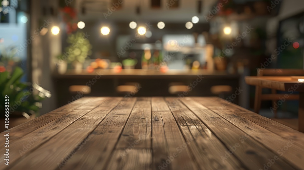 Blurred restaurant interior with wooden table for product mockup display. Blurred restaurant interior with wooden table for product mockup display.