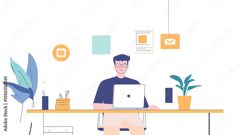 Person Working at Desk with Laptop, Emails, and Plants Person Working at Desk with Laptop, Emails, and Plants