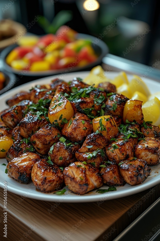 Close-up of a Plate of Glazed and Grilled Chicken with Lemon Wedges and Greenery Close-up of a Plate of Glazed and Grilled Chicken with Lemon Wedges and Greenery
