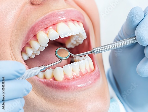 Close-up of a dental examination, showcasing healthy teeth and precise tools for oral care and hygiene. photo