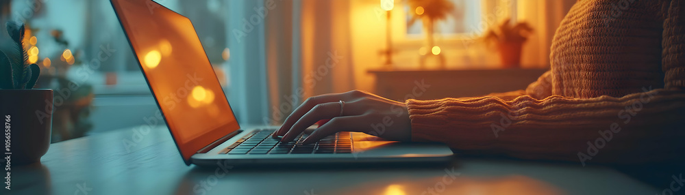 Person Typing on Laptop at Home with Warm Bokeh Effects, Cozy Atmosphere, Soft Focus Shot Highlighting Serenity and Happiness of Remote Work, Home Workspace Comfort, Photo Stock Concept Person Typing on Laptop at Home with Warm Bokeh Effects, Cozy Atmosphere, Soft Focus Shot Highlighting Serenity and Happiness of Remote Work, Home Workspace Comfort, Photo Stock Concept