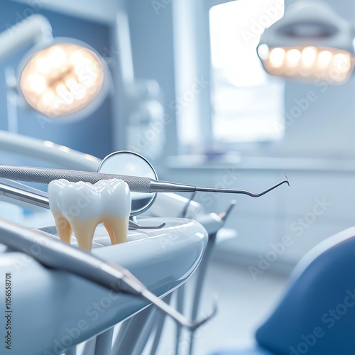 Dental tools and models displayed in a modern dental clinic, highlighting oral health and care. photo