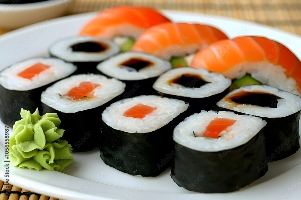 Plate of delicious sushi rolls with soy sauce and wasabi. Plate of delicious sushi rolls with soy sauce and wasabi.