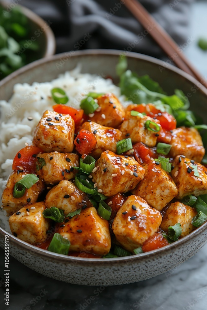 Bowl of Tofu with Rice, Glaze, Green Onions, and Sesame Seeds