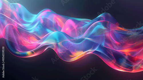 Abstract fluid iridescent holographic curved wave in motion colorful gradient design on black background