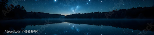 Stunning night sky over tranquil lake with reflective stars and forest silhouette