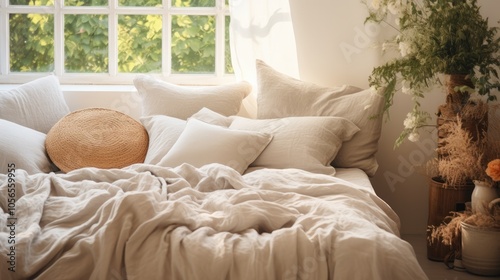 A cozy bedroom with a bed dressed in soft, natural-colored linen sheets and pillows, creating a calm and inviting atmosphere.