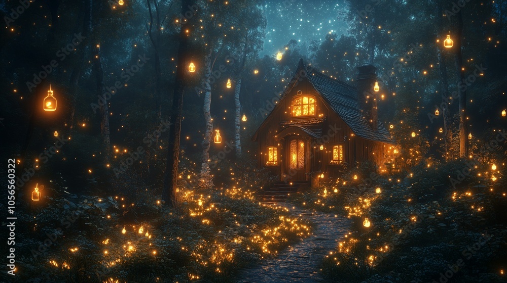 Enchanted forest at night with a magical witch’s hut Enchanted forest at night with a magical witch’s hut