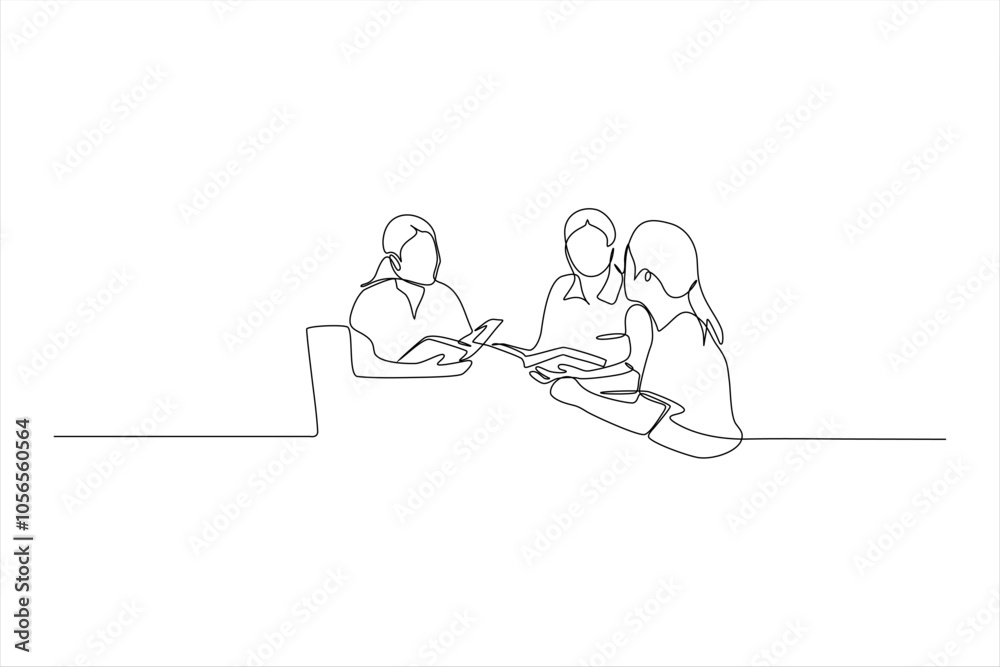 A continuous line drawing of three people engaged in a discussion or collaboration. A continuous line drawing of three people engaged in a discussion or collaboration.