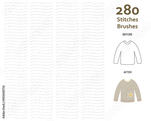 Set of 280 thin stitches art brushes with various lengths for clothes, decoration, story book, animation/illustration. Compatible with Adobe Illustrator CS6 and above.