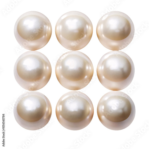 A grid of lustrous white pearls, evenly spaced, exuding elegance and simplicity in a jewelry arrangement, set against a transparent background