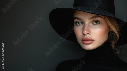 A lady in a black hat on a black background . Portrait of an elegant woman with makeup in a black hat on a black background