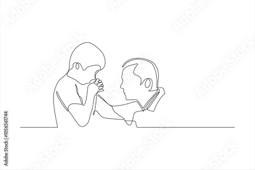 A continuous line drawing of a child and an adult engaged in a thoughtful interaction.